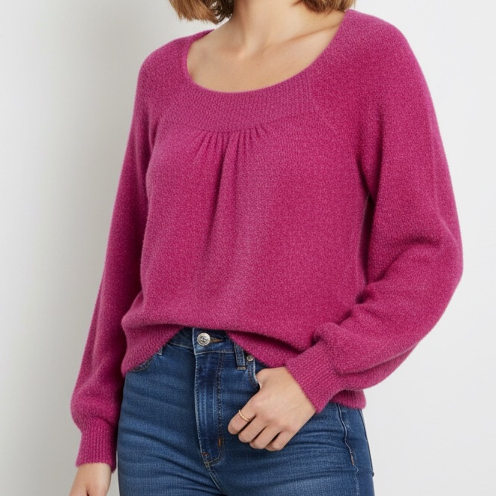 Worthington Fuchsia Scoop Neck Fuzzy Pink Shimmer Sweater Small Blouson Sleeve - Picture 1 of 13